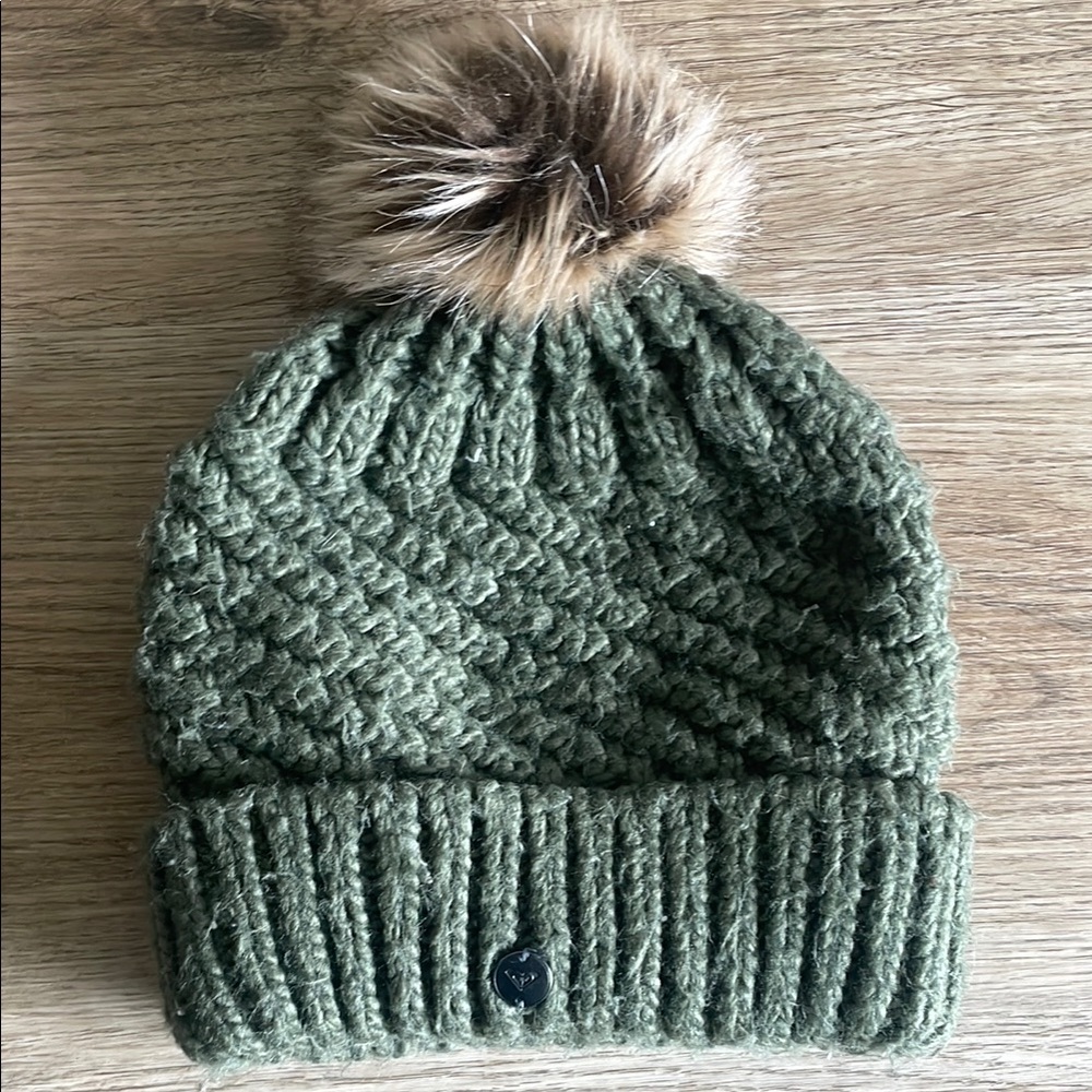 Roxy Green Beanie with Faux Fur Pom
